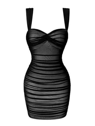 LAGSHIAN Women's Summer Sexy Bodycon Sleeveless Tank Straps Mesh Ruched Mini Party Dress Black - Image 1