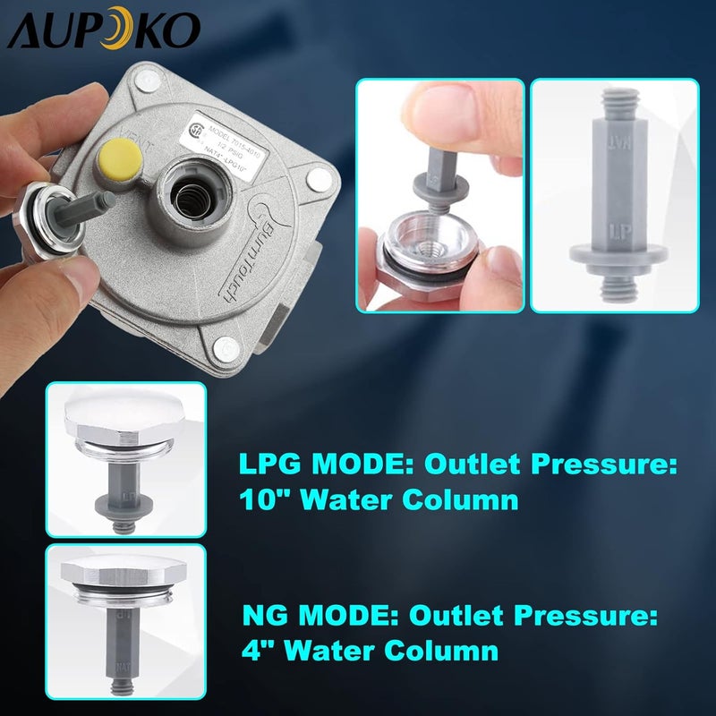 Aupoko منظم غاز طبيعي للشواء 1/2"-14NPT منظمات غاز البروبان، ضغط المدخل: 1/2" PSIG، ضغط المخرج LPG 5" W.C، لمنظم غاز طبيعي NPT ضغط منخفض مع شريط خيط خط الغاز - Image 4