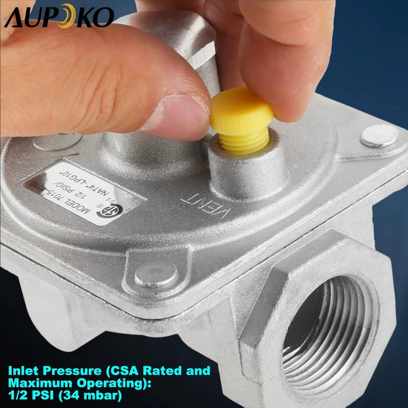 Aupoko منظم غاز طبيعي للشواء 1/2"-14NPT منظمات غاز البروبان، ضغط المدخل: 1/2" PSIG، ضغط المخرج LPG 5" W.C، لمنظم غاز طبيعي NPT ضغط منخفض مع شريط خيط خط الغاز - Image 5