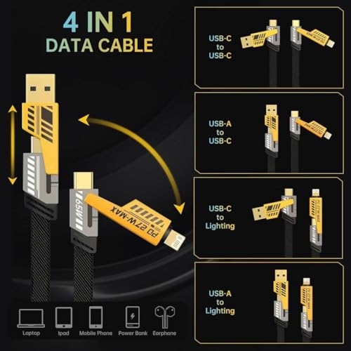 Punnkk 4 in 1 Metal Flat Braided Indestructible Cable 1m 65W/ PD 27W with lightning to type C, type C to C, Lighting to type A compatible for iPhones, iPads, Macbooks, Type C Laptops - Image 4