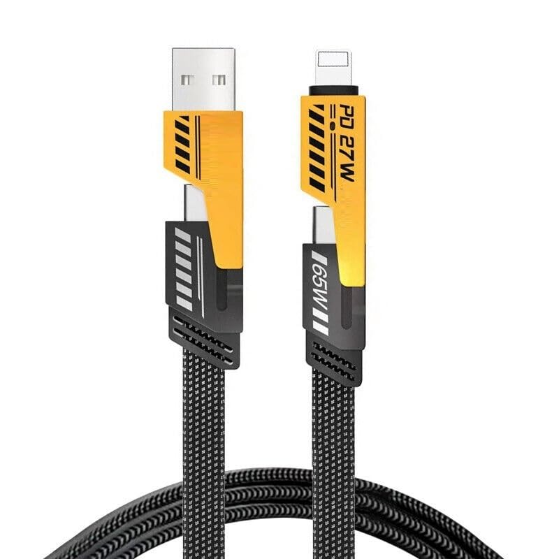 Punnkk 4 in 1 Metal Flat Braided Indestructible Cable 1m 65W/ PD 27W with lightning to type C, type C to C, Lighting to type A compatible for iPhones, iPads, Macbooks, Type C Laptops - Image 1