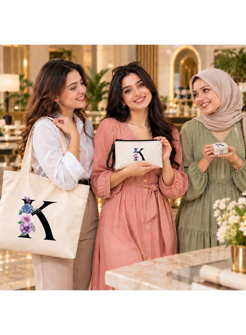 برينت شوب فور مي مجموعة هدايا (حرف مزين بالزهور): حقيبة تسوق (Tote Bag) + حقيبة صغيرة (Pouch) + علبة مجوهرات (3 في 1) - Image 5