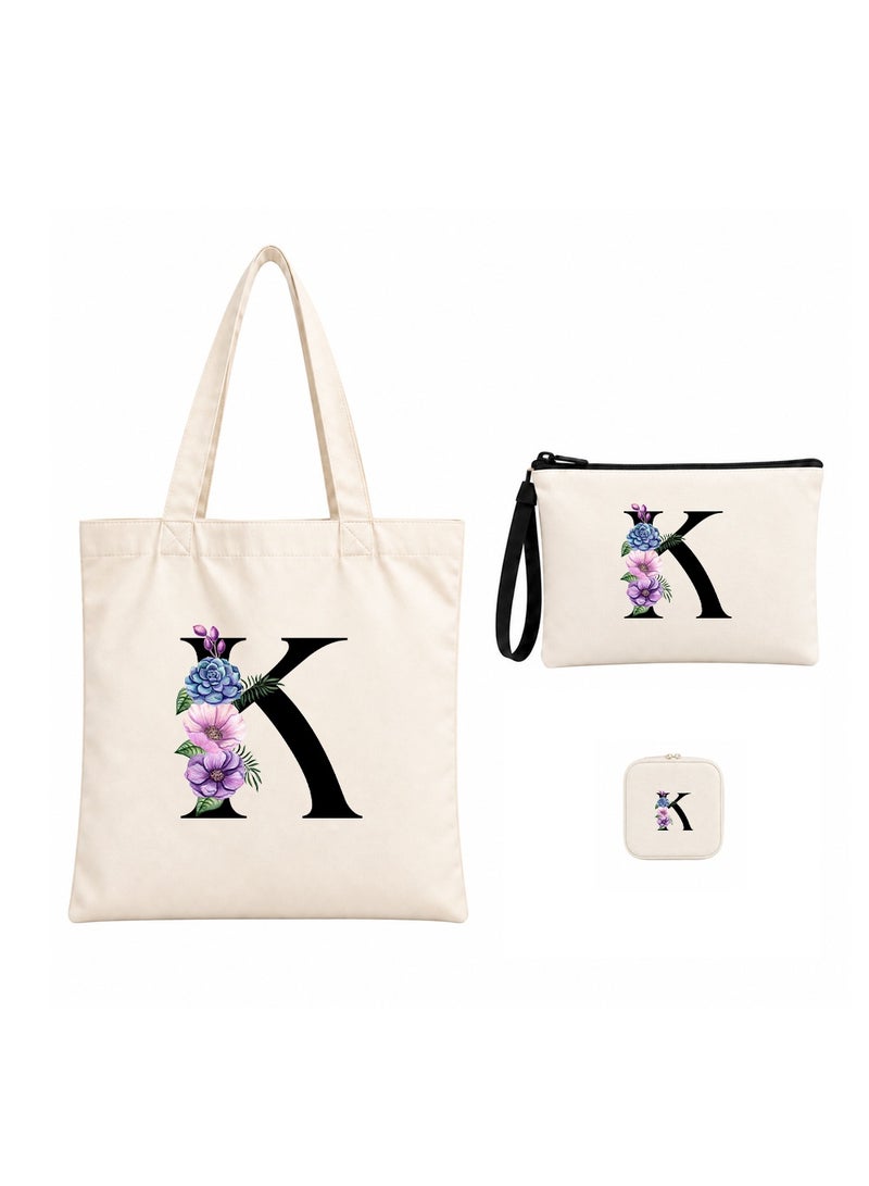 برينت شوب فور مي مجموعة هدايا (حرف مزين بالزهور): حقيبة تسوق (Tote Bag) + حقيبة صغيرة (Pouch) + علبة مجوهرات (3 في 1) - Image 1