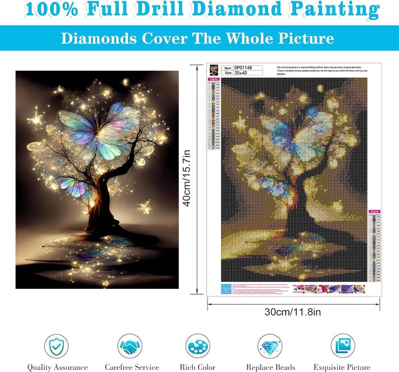 WUDWL Square Diamond Painting Kits Square Drill Diamond Painting,Square Diamond Art,Butterfly Tree DIY Gem Art Kits for Adults and Crafts for Gifts and Home Wall Decor 12x16inch - Image 3