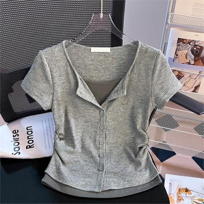 Fake Two-Piece Right Shoulder Short-Sleeved T-Shirt For Women Summer Shirt Design Waist Slimming Look Short Top Trendy - Image 1
