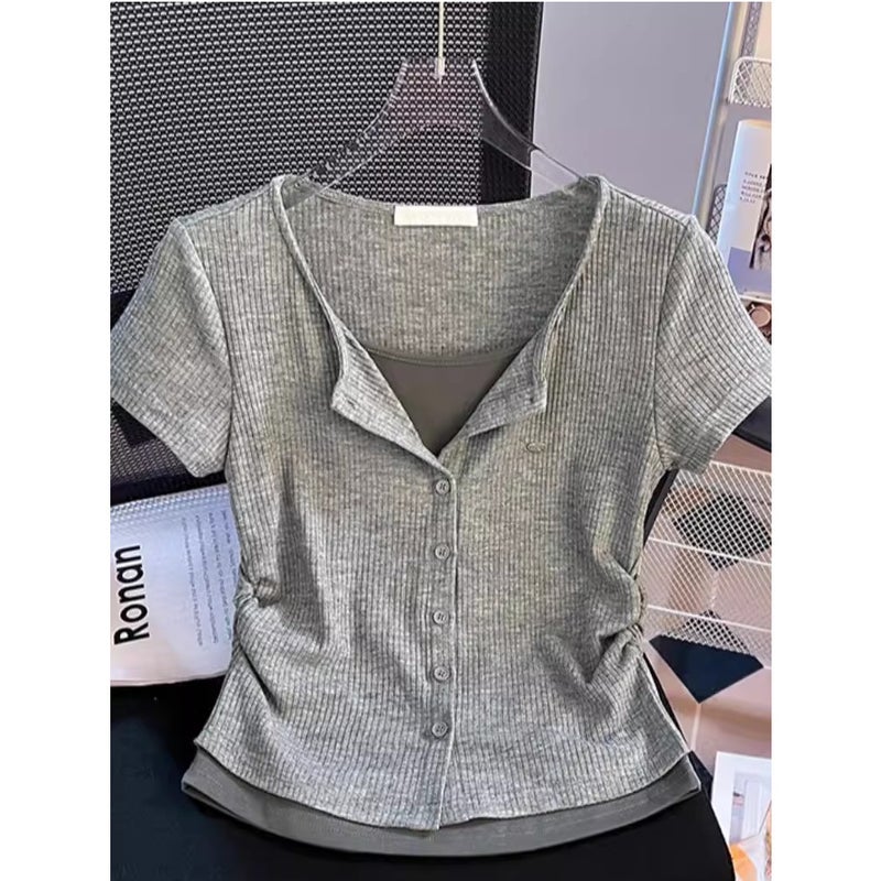 Fake Two-Piece Right Shoulder Short-Sleeved T-Shirt For Women Summer Shirt Design Waist Slimming Look Short Top Trendy - Image 2