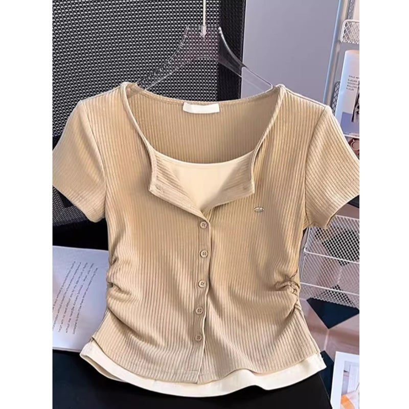 Fake Two-Piece Right Shoulder Short-Sleeved T-Shirt For Women Summer Shirt Design Waist Slimming Look Short Top Trendy - Image 3