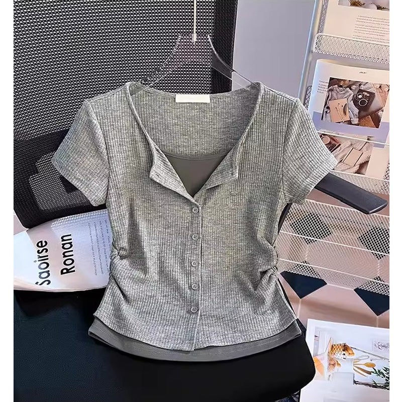 Fake Two-Piece Right Shoulder Short-Sleeved T-Shirt For Women Summer Shirt Design Waist Slimming Look Short Top Trendy - Image 4