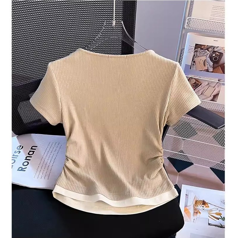 Fake Two-Piece Right Shoulder Short-Sleeved T-Shirt For Women Summer Shirt Design Waist Slimming Look Short Top Trendy - Image 5