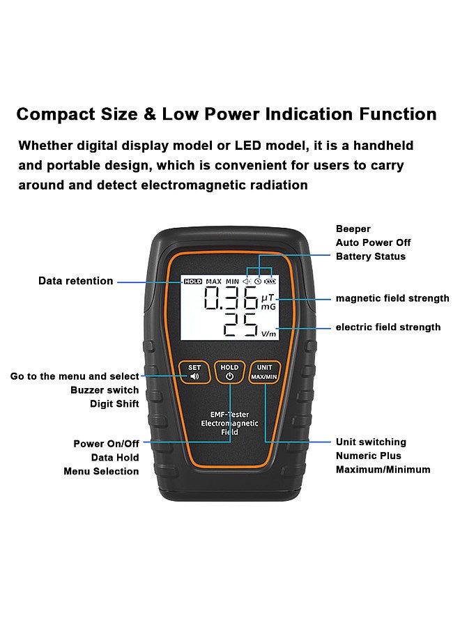 Handheld EMF Tester Portable Electromagnetic Radiation Detector Electromagnetic Radiation Intensity Measurement Instrument with Beep Alarm and Low Battery Indication Functions  - Image 2