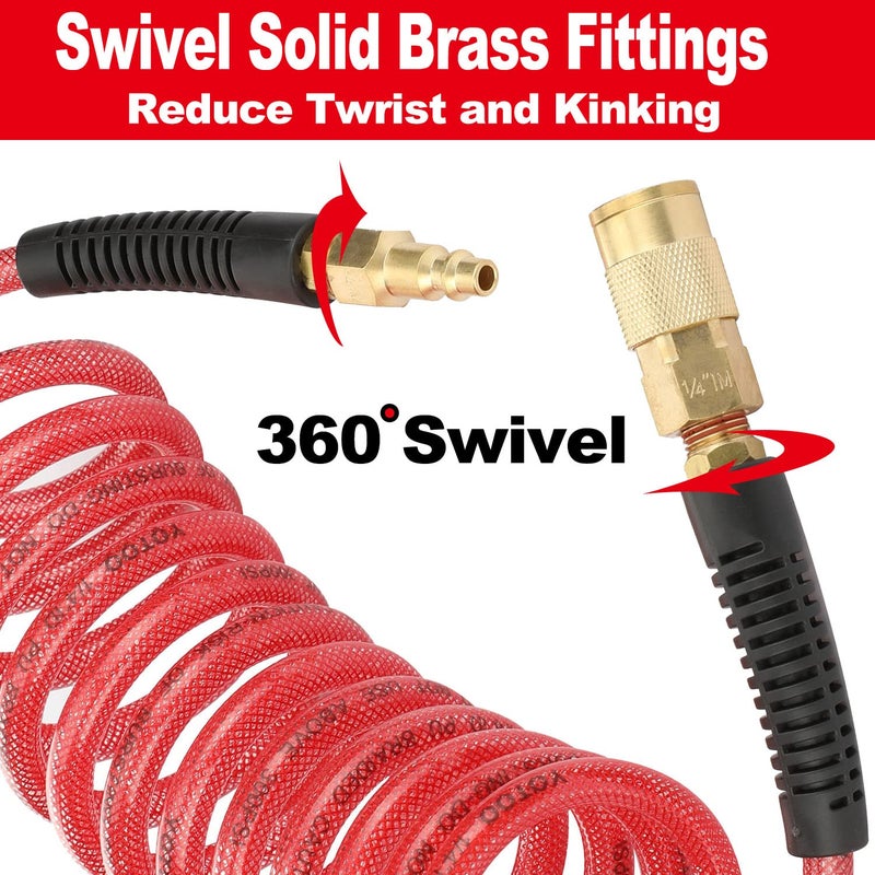 YOTOO Reinforced Polyurethane Recoil Air Hose 1/4" Inner Diameter by 10' Long, Heavy Duty, Flexible Air Compressor Hose with Bend Restrictor, 1/4" Swivel Industrial Quick Coupler and Plug, Red - Image 4