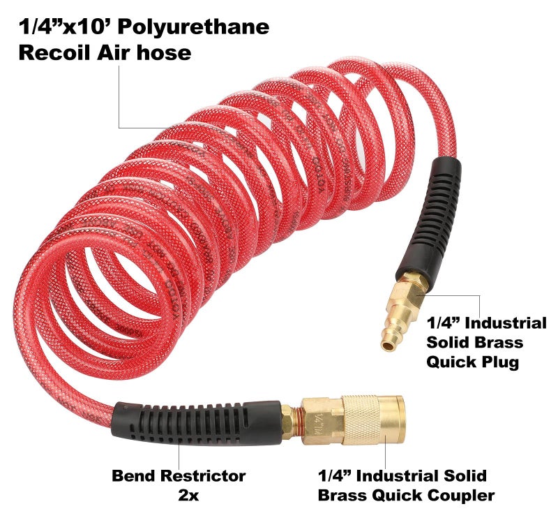 YOTOO Reinforced Polyurethane Recoil Air Hose 1/4" Inner Diameter by 10' Long, Heavy Duty, Flexible Air Compressor Hose with Bend Restrictor, 1/4" Swivel Industrial Quick Coupler and Plug, Red - Image 2