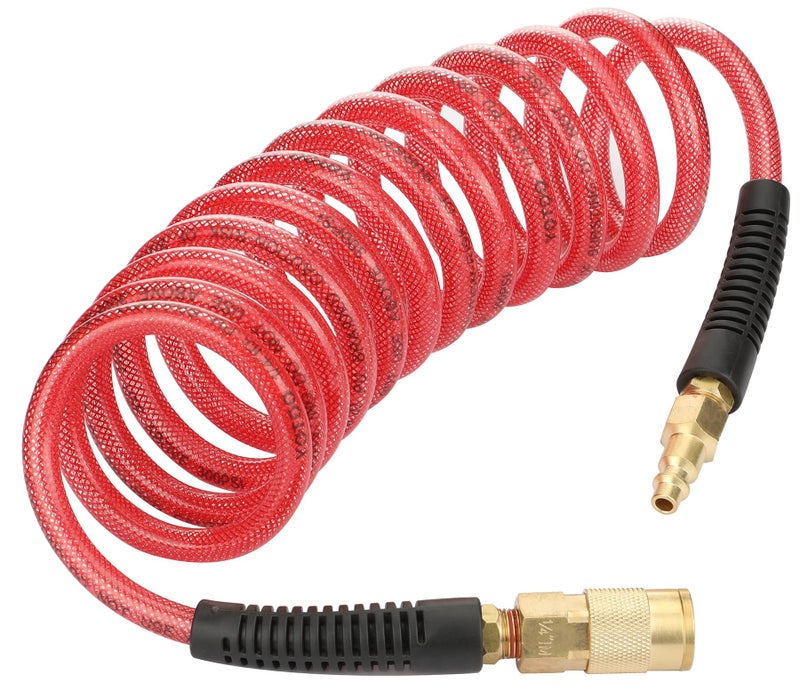 YOTOO Reinforced Polyurethane Recoil Air Hose 1/4" Inner Diameter by 10' Long, Heavy Duty, Flexible Air Compressor Hose with Bend Restrictor, 1/4" Swivel Industrial Quick Coupler and Plug, Red - Image 1