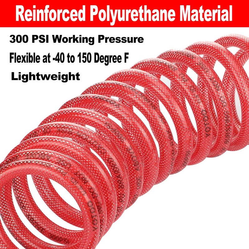 YOTOO Reinforced Polyurethane Recoil Air Hose 1/4" Inner Diameter by 10' Long, Heavy Duty, Flexible Air Compressor Hose with Bend Restrictor, 1/4" Swivel Industrial Quick Coupler and Plug, Red - Image 3