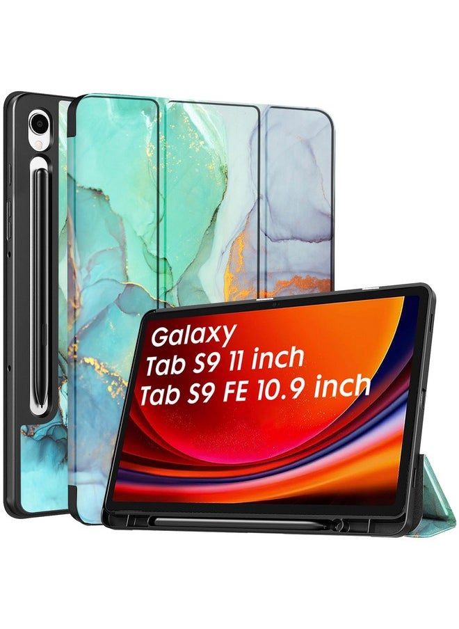 Robustrion - Robustrion Cover for Samsung Tab S9 11 inch/Tab S9 FE Cover Case 10.9 inch, Flip Case Cover with [S Pen Holder] for Samsung Galaxy Tab S9 Tablet/Tab S9 FE Tablet Cover [Auto Sleep Wake] - Marble Green - Image 1