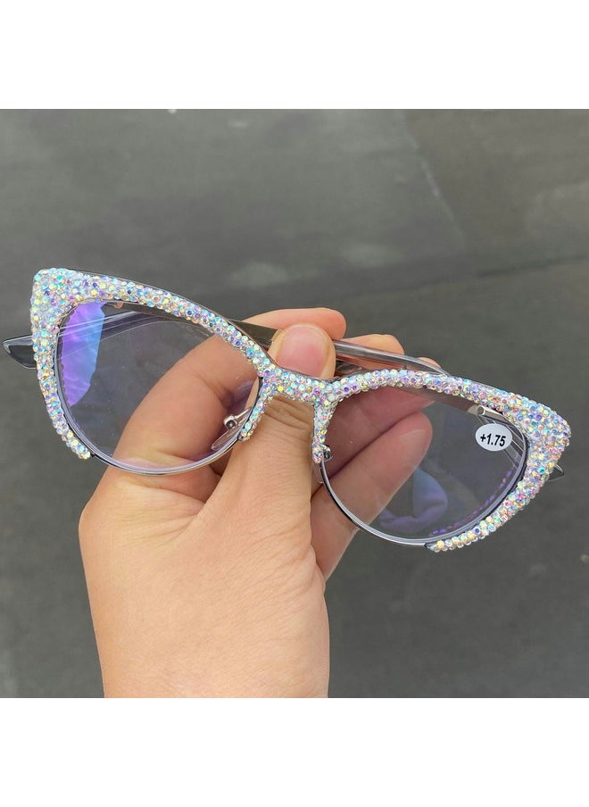 Mincl Cat Eye Rhinestone Reading Glasses Diamond Reading Glasses For Women Stylish Bling Magnifying Blue Light Readers (Gray Magnification 2.75)  - Image 2