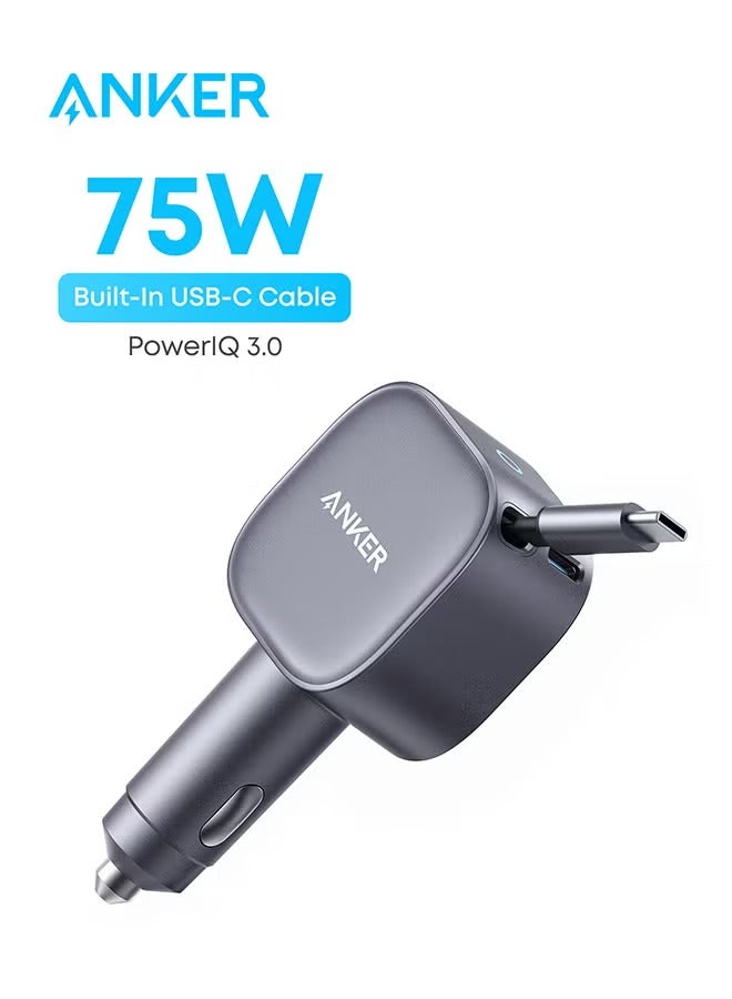 شاحن سيارة أنكر USB-C، شاحن سيارة سريع Ultra-Compact بقدرة 75W مع كابل قابل للسحب مدمج لمحول السيارة لهاتف iPhone 15/14، Samsung S24/S23، MacBookPro/Air، iPad، والمزيد - Image 1