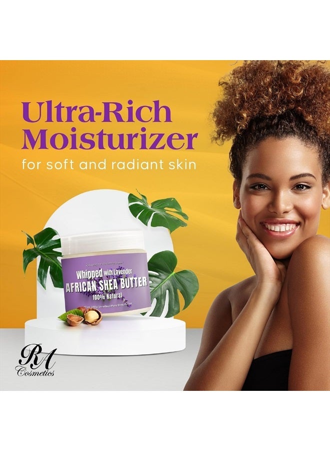RA COSMETICS زبدة الشيا المخفوقة باللافندر - 100% زبدة شيا أفريقية نقية وطبيعية - مرطب يدوي الصنع النهائي مع الفيتامينات الأساسية لبشرة متألقة وشعر رائع - 12 أونصة - Image 2