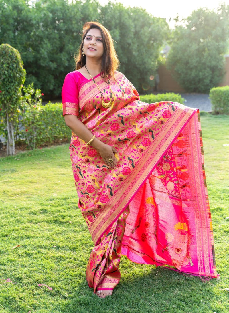 AMIRAT Women's Paithani Silk Saree With Zari Work & Blouse Piece (Pink) - Image 2