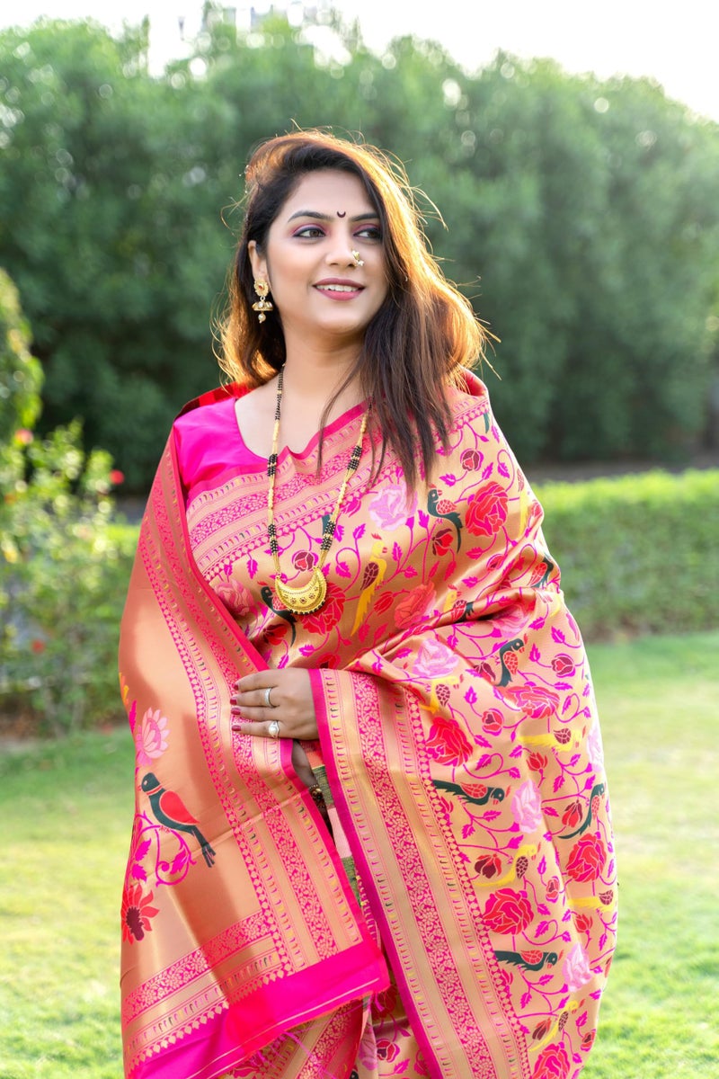 AMIRAT Women's Paithani Silk Saree With Zari Work & Blouse Piece (Pink) - Image 3