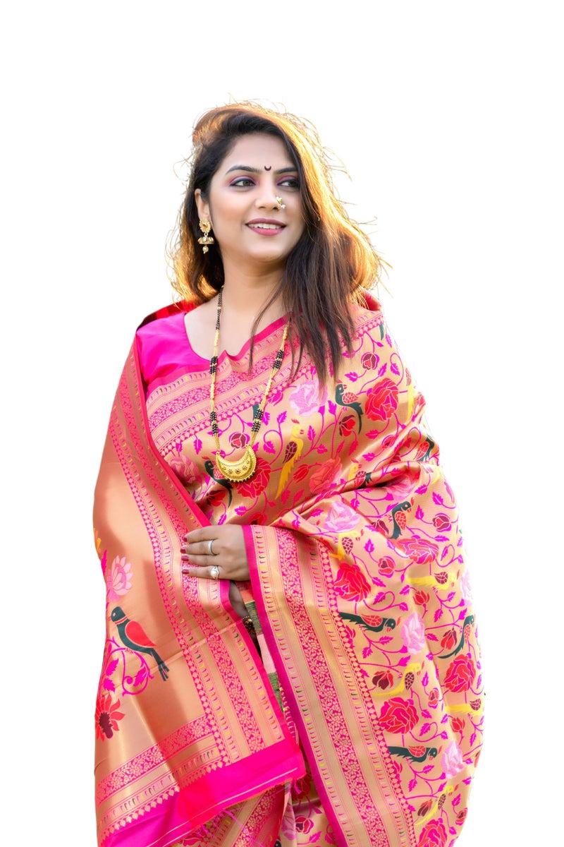 AMIRAT Women's Paithani Silk Saree With Zari Work & Blouse Piece (Pink) - Image 1