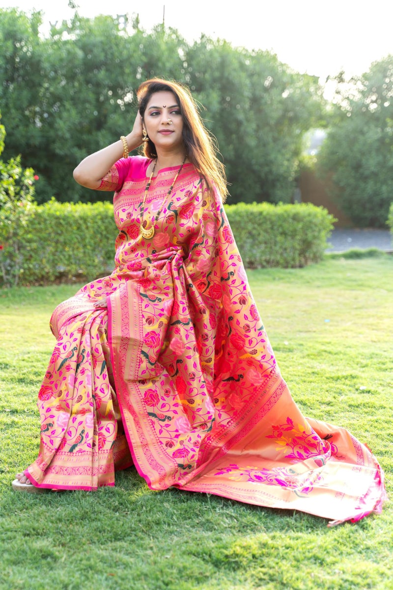AMIRAT Women's Paithani Silk Saree With Zari Work & Blouse Piece (Pink) - Image 4