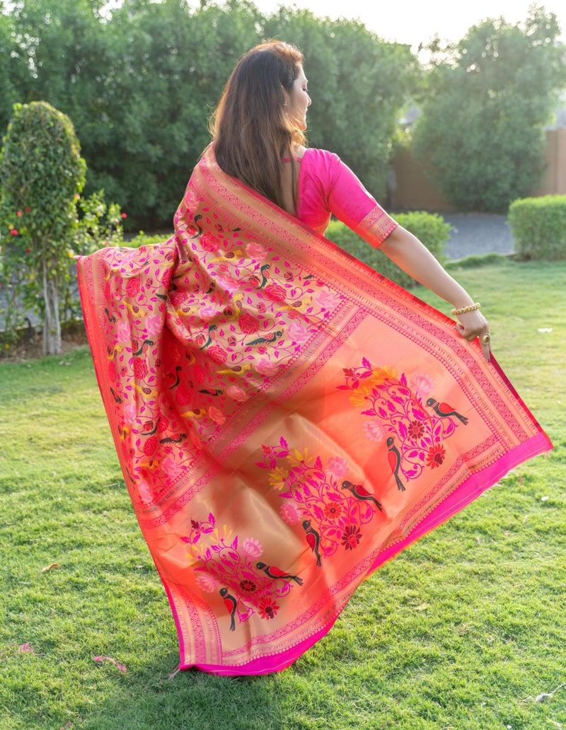 AMIRAT Women's Paithani Silk Saree With Zari Work & Blouse Piece (Pink) - Image 5