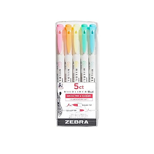Zebra Pen Mildliner DualEnded Brush Pens 5 Assorted Colors Brush and Fine Tips Soft Mild Ink with No BleedThrough WaterResistant Ink for Journaling Calligraphy Planners 5Pack 79105 - Image 1