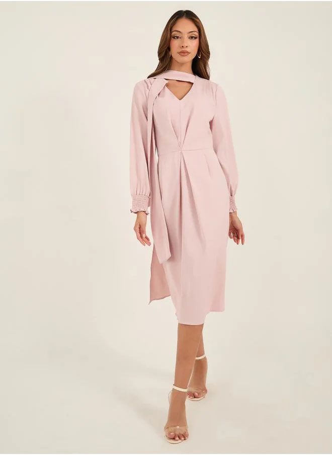 لوكس ويف Solid Pleated V Neck Midi Dress with Tie-Up Detail by Styli