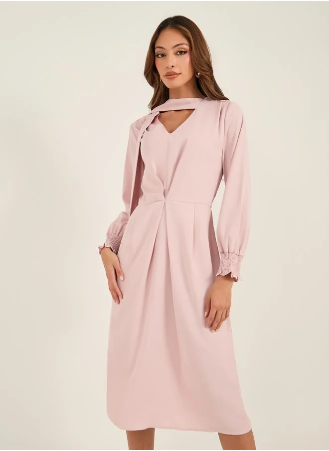 لوكس ويف Solid Pleated V Neck Midi Dress with Tie-Up Detail by Styli