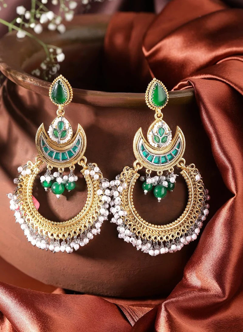 ISHIN Green Colour Warm Metallic Plated Chandbali Earring