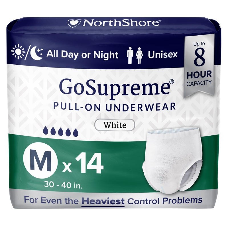 NorthShore GoSupreme Overnight Incontinence Underwear 8Hour Pullup Style Medium 14 Count Bag White 3040 inches Unisex Adult Diapers