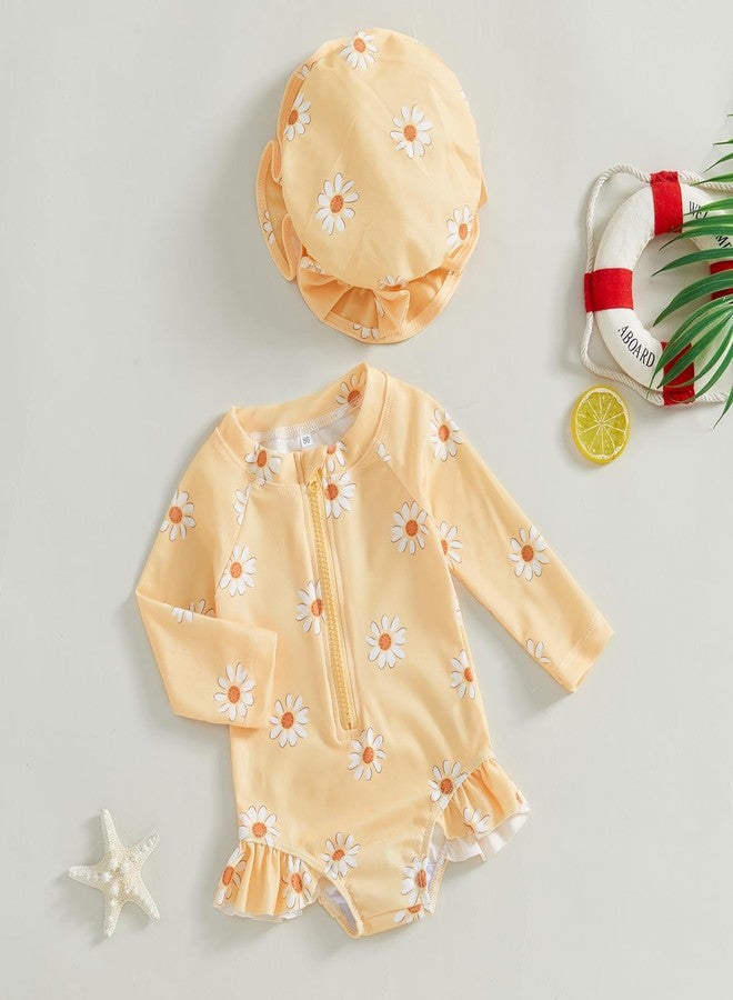 Giraropa Toddler Baby Swimsuit Girl Long Sleeve One Piece Rash Guard Zipper Hat Swimwear Bathing Suit UPF 50+ Sun Protection (Yellow, 9-12 Months) - Image 3
