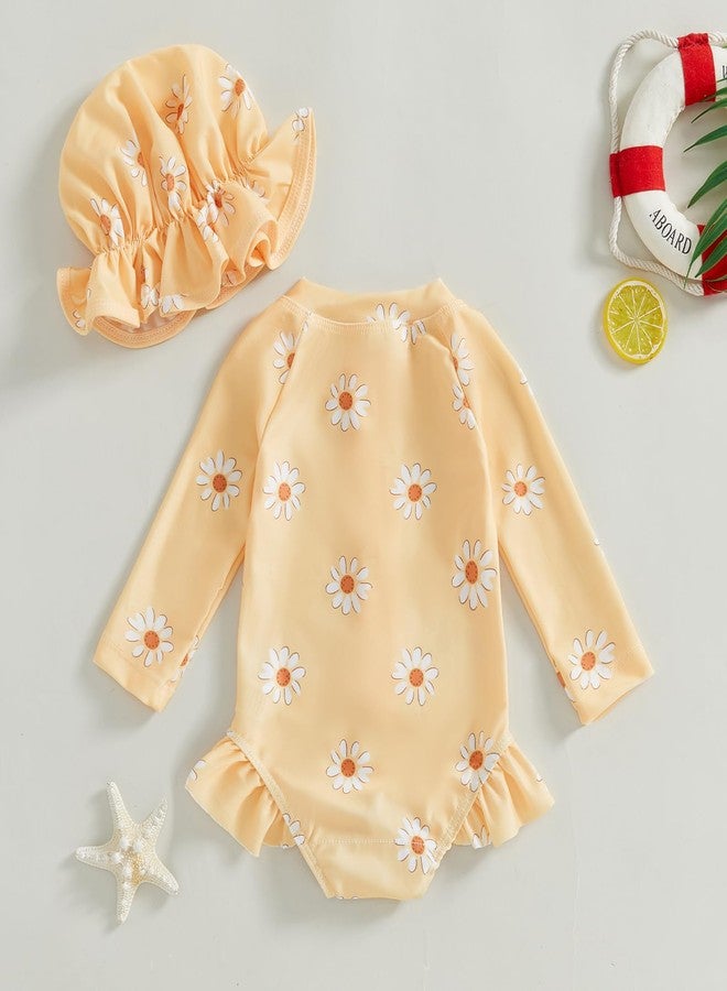 Giraropa Toddler Baby Swimsuit Girl Long Sleeve One Piece Rash Guard Zipper Hat Swimwear Bathing Suit UPF 50+ Sun Protection (Yellow, 9-12 Months) - Image 4