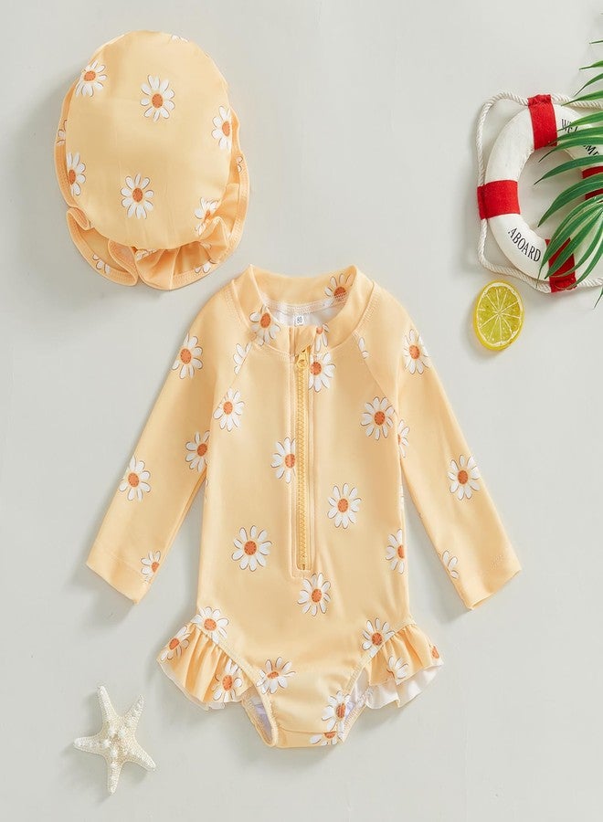 Giraropa Toddler Baby Swimsuit Girl Long Sleeve One Piece Rash Guard Zipper Hat Swimwear Bathing Suit UPF 50+ Sun Protection (Yellow, 9-12 Months) - Image 2