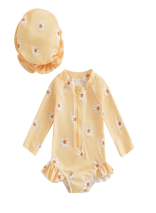 Giraropa Toddler Baby Swimsuit Girl Long Sleeve One Piece Rash Guard Zipper Hat Swimwear Bathing Suit UPF 50+ Sun Protection (Yellow, 9-12 Months) - Image 1