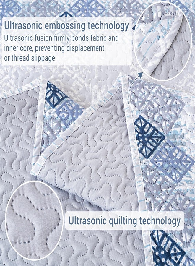 Mooreeke Ultrasonic Embossing Quilts Queen Size, Lightweight Grey and Blue Striped Geometric Pattern Queen Bedspreads with Shams, Microfiber Coverlet Queen/Full Set All Season (90"x96") - Image 2