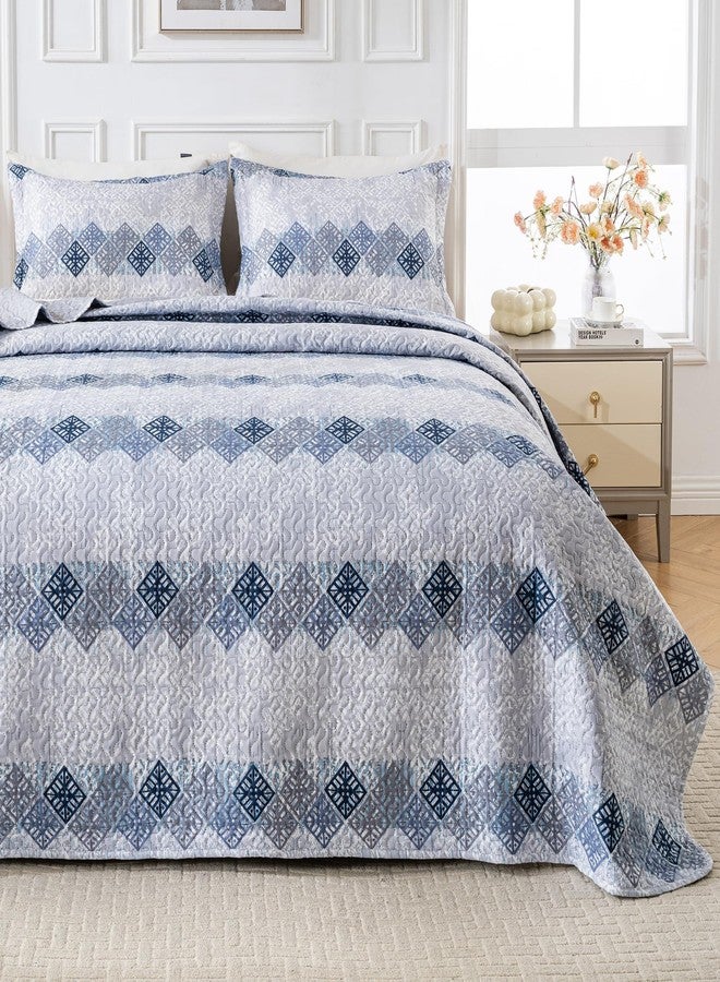 Mooreeke Ultrasonic Embossing Quilts Queen Size, Lightweight Grey and Blue Striped Geometric Pattern Queen Bedspreads with Shams, Microfiber Coverlet Queen/Full Set All Season (90"x96") - Image 1