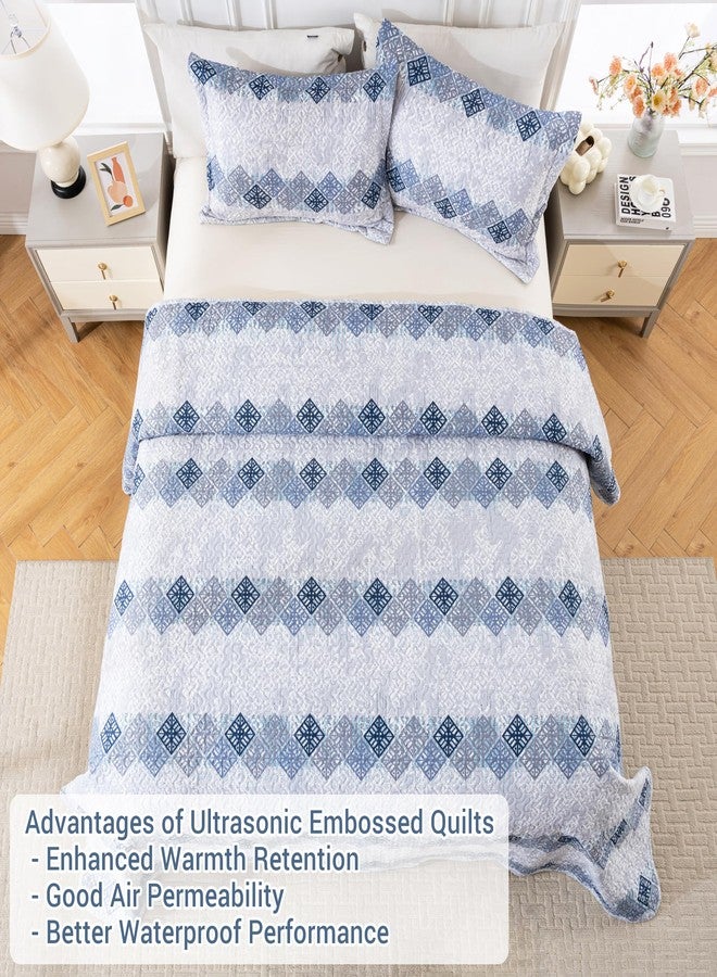 Mooreeke Ultrasonic Embossing Quilts Queen Size, Lightweight Grey and Blue Striped Geometric Pattern Queen Bedspreads with Shams, Microfiber Coverlet Queen/Full Set All Season (90"x96") - Image 3