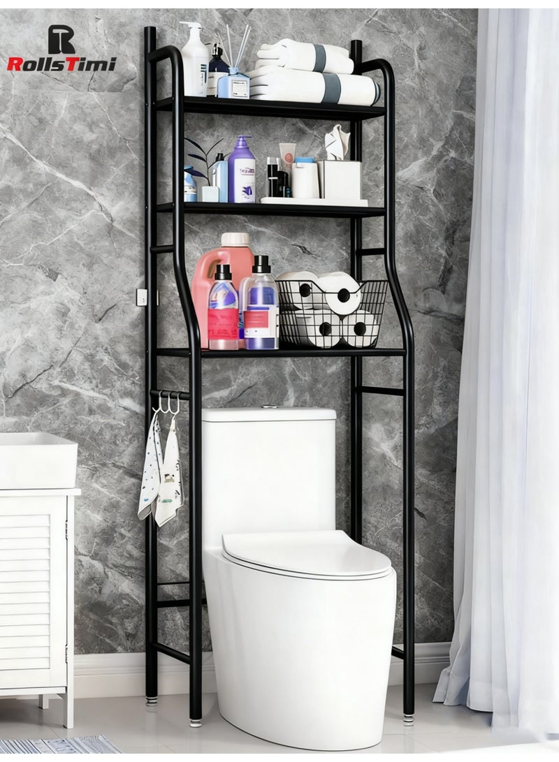 RollsTimi  3-Tier Floor-Standing Over Toilet Storage Cabinet, Metal Bathroom Organizer with Removable Towel Hooks and Toilet Paper Holder, Black - Image 1