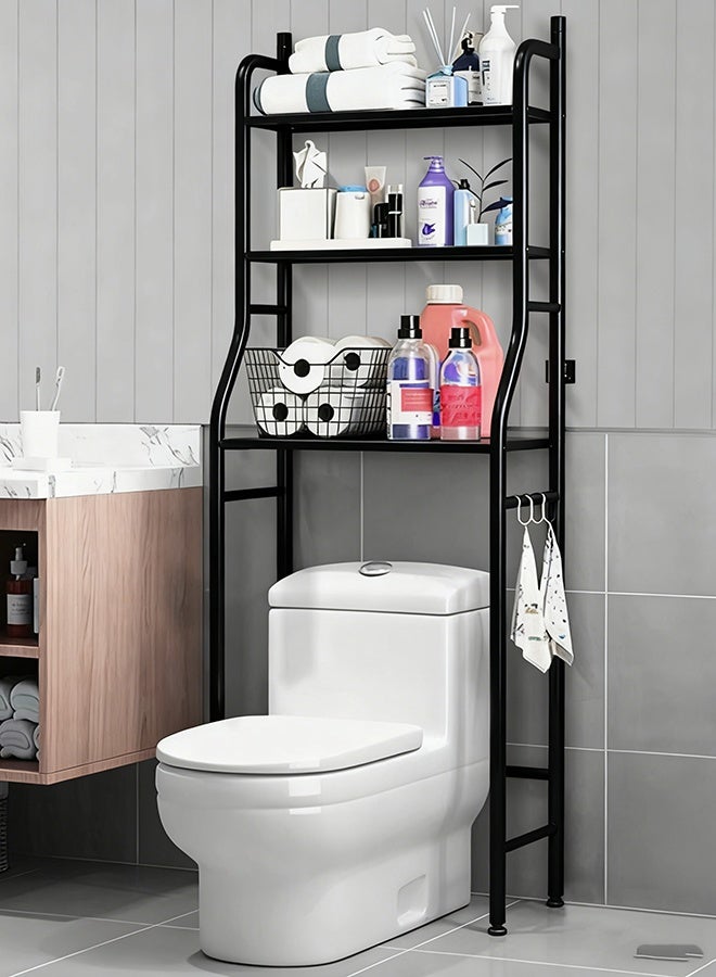 RollsTimi  3-Tier Floor-Standing Over Toilet Storage Cabinet, Metal Bathroom Organizer with Removable Towel Hooks and Toilet Paper Holder, Black - Image 2