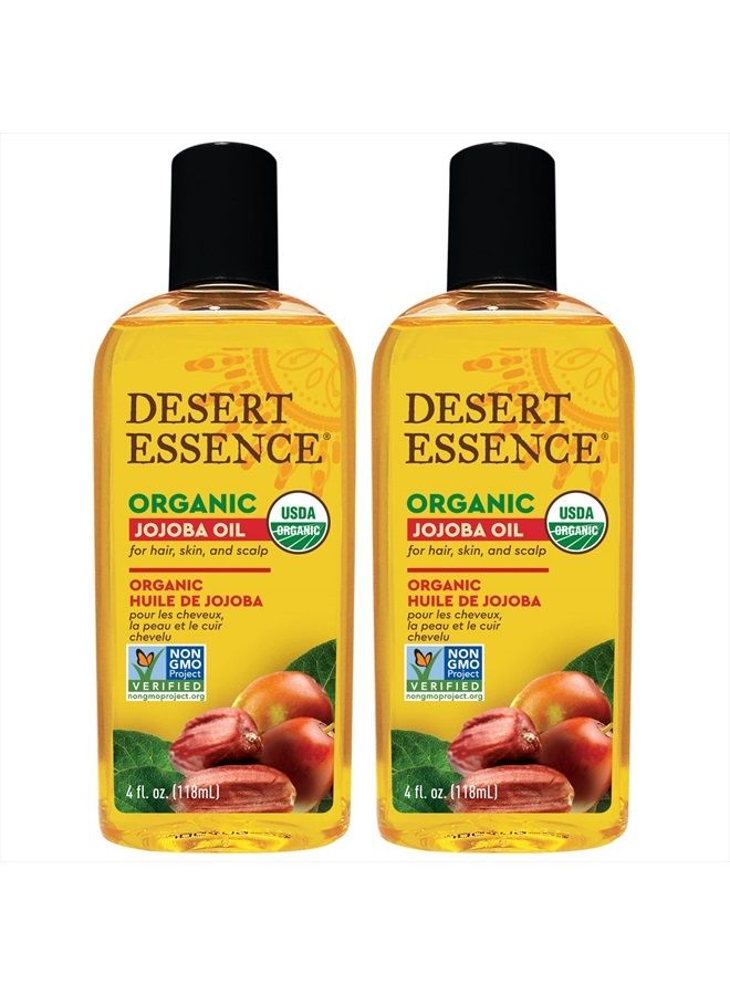 Desert Essence Organic Jojoba Oil, 4 fl oz (Pack of 2) Gluten Free, Vegan, Non-GMO - Pure Natural Plant Extract for Hair, Skin & Scalp - 24 Hours of Mousture with No Greasy Residue or Clogging Pores - Image 1