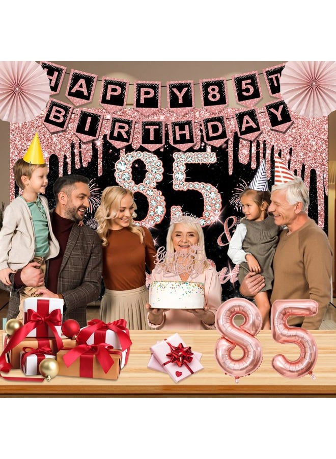 Juesly 85th Birthday Decorations for Women,32PCS 85th Birthday Party Decorations,Including Backdrop, Crown, Sash, banner, Hanging Swirl,Cake Topper,Paper Fans,balloons and Anniversary Card - Image 5