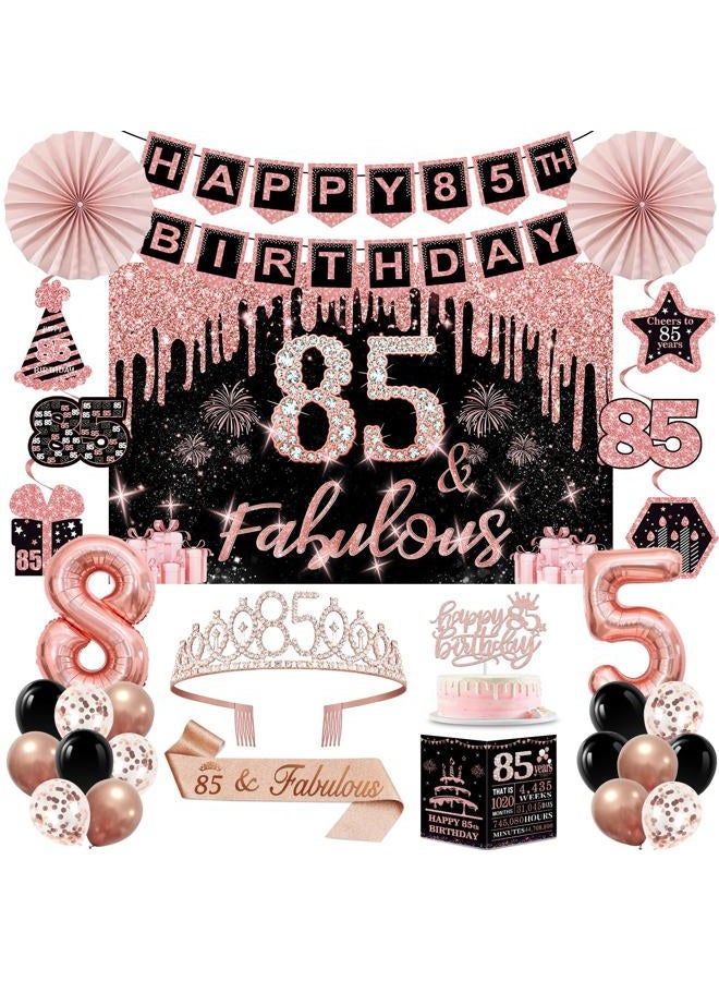 Juesly 85th Birthday Decorations for Women,32PCS 85th Birthday Party Decorations,Including Backdrop, Crown, Sash, banner, Hanging Swirl,Cake Topper,Paper Fans,balloons and Anniversary Card - Image 1