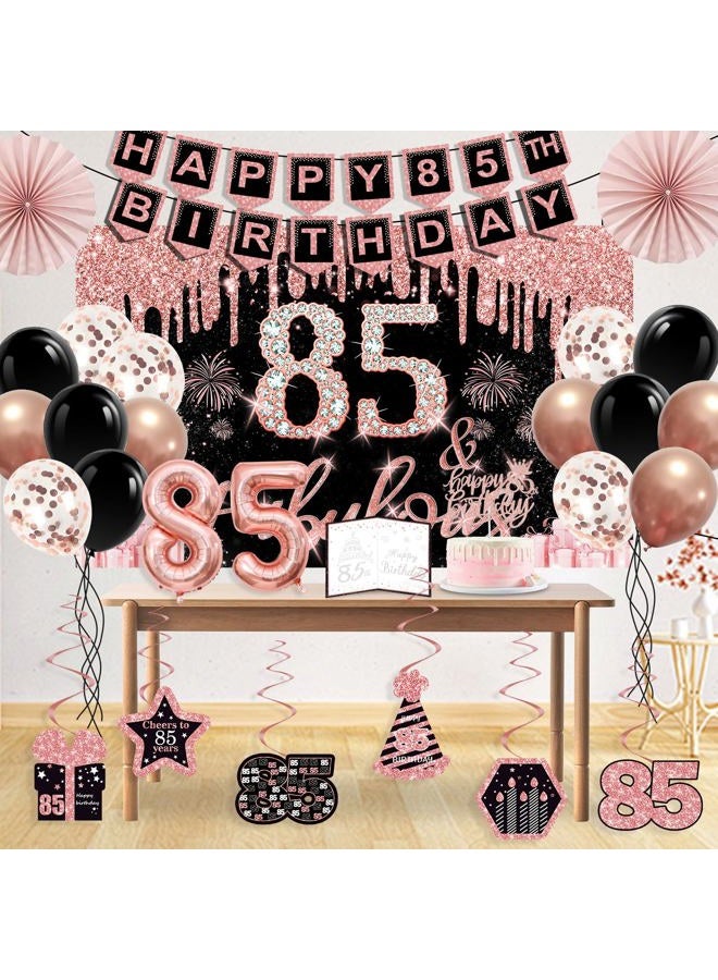 Juesly 85th Birthday Decorations for Women,32PCS 85th Birthday Party Decorations,Including Backdrop, Crown, Sash, banner, Hanging Swirl,Cake Topper,Paper Fans,balloons and Anniversary Card - Image 4