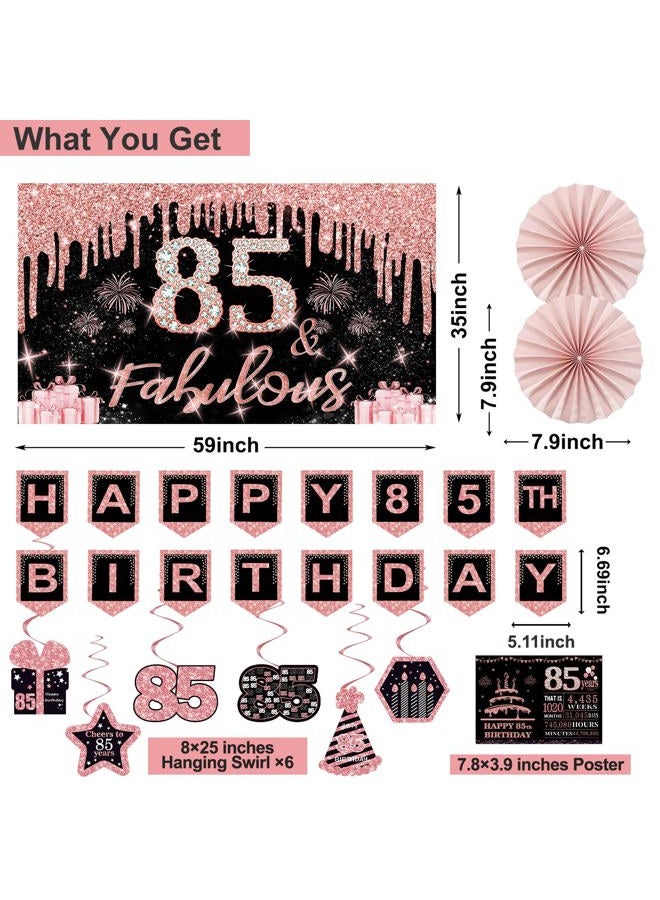 Juesly 85th Birthday Decorations for Women,32PCS 85th Birthday Party Decorations,Including Backdrop, Crown, Sash, banner, Hanging Swirl,Cake Topper,Paper Fans,balloons and Anniversary Card - Image 2