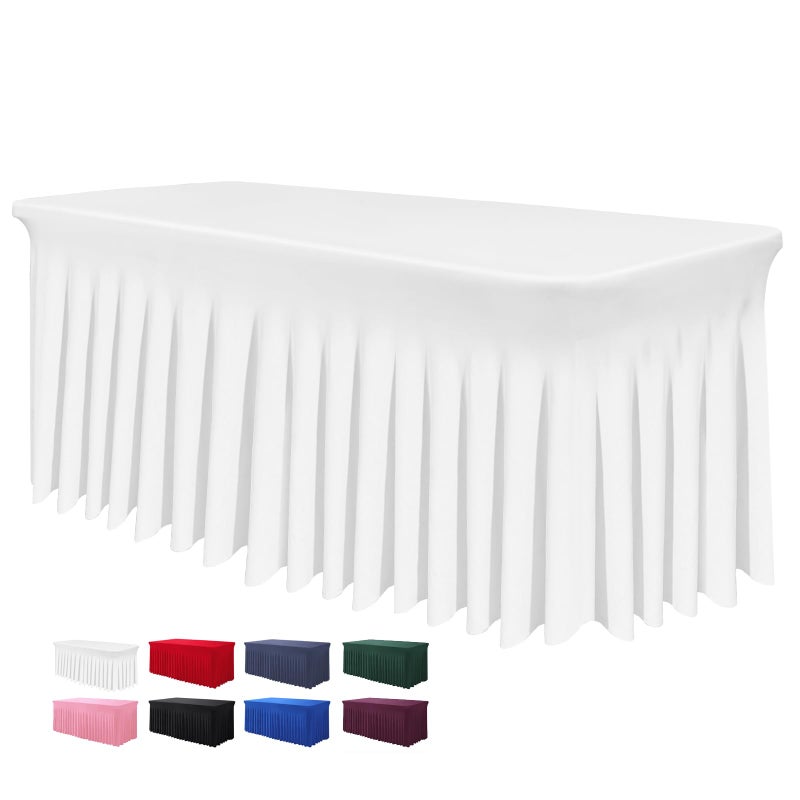 BDDC Table Skirts for Rectangle Tables 6ft OnePiece White Tablecloths and Skirt Wrinkle Resistant Ruffles Elastic Cover for Banquets Weddings Events Parties