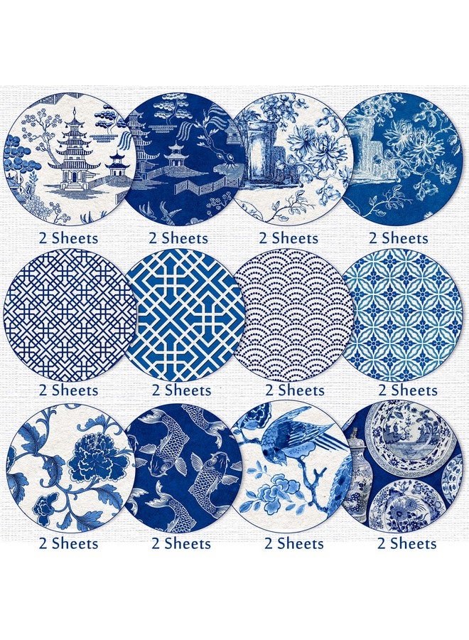 وولاين 12 تصميم ورق نمط صيني 24 ورقة زرقاء صينية سجل القصاصات ورق متخصص على الوجهين مجموعة ورق حرفي زخرفي شرقي مطوية بشكل مسطح لصنع بطاقة النمط الصيني سجل القصاصات - Image 3