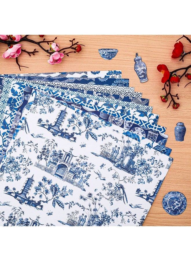 وولاين 12 تصميم ورق نمط صيني 24 ورقة زرقاء صينية سجل القصاصات ورق متخصص على الوجهين مجموعة ورق حرفي زخرفي شرقي مطوية بشكل مسطح لصنع بطاقة النمط الصيني سجل القصاصات - Image 4