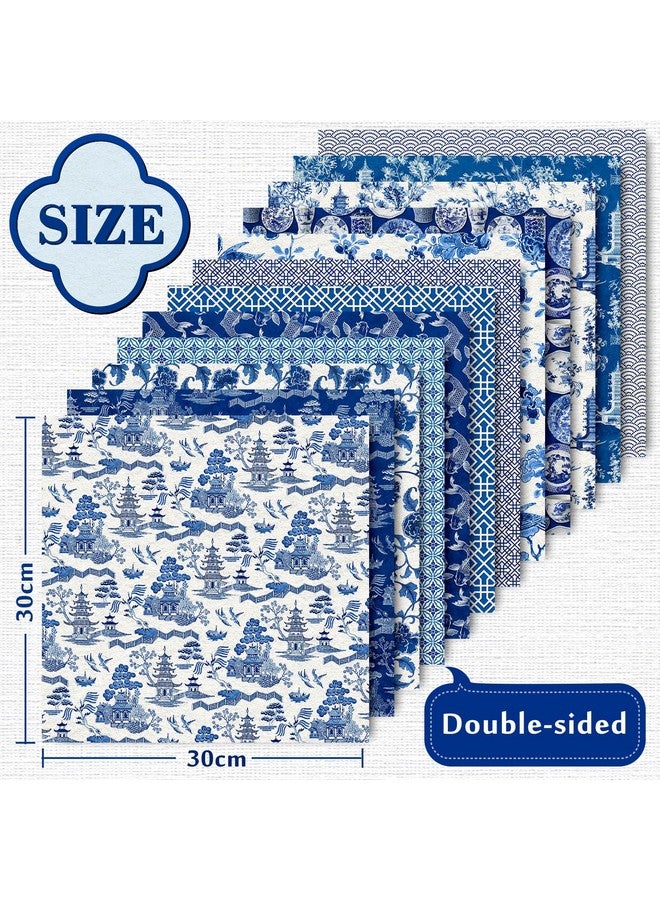 وولاين 12 تصميم ورق نمط صيني 24 ورقة زرقاء صينية سجل القصاصات ورق متخصص على الوجهين مجموعة ورق حرفي زخرفي شرقي مطوية بشكل مسطح لصنع بطاقة النمط الصيني سجل القصاصات - Image 2